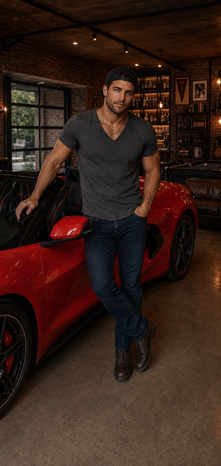 Cole beside his red Corvette