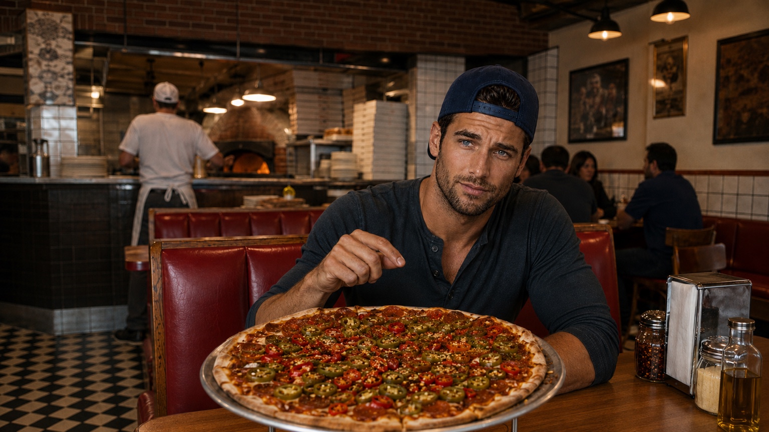 Cole confronting an extremely spicy pizza